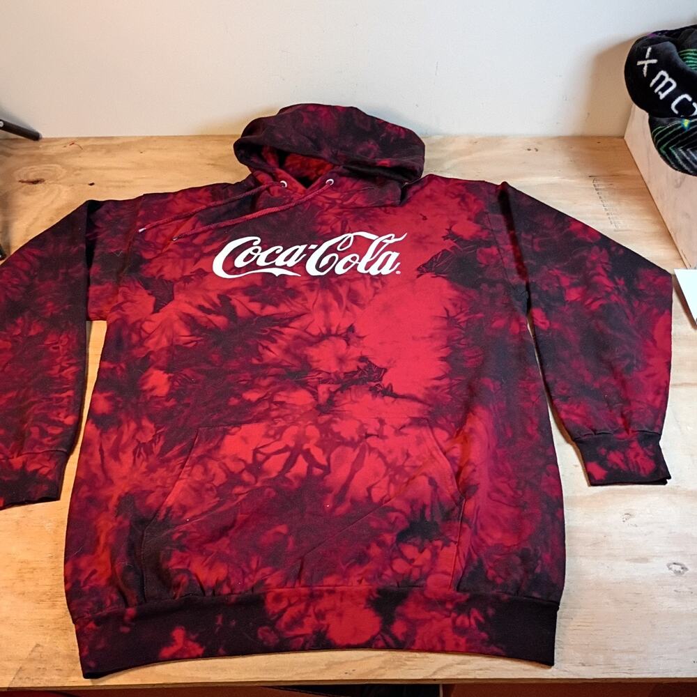 Coca-Cola Hoodie Men's Large Red Black Tie Dye Graphic Pullover Sweatshirt Coke